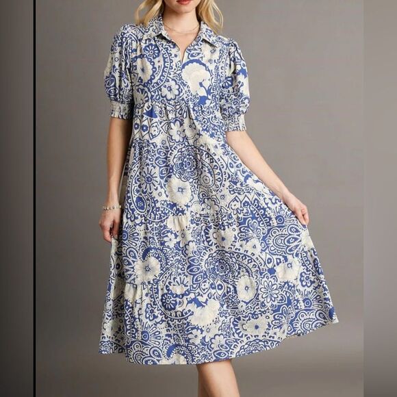 Umgee Printed Smocked Cuff Puff Sleeve Midi Dress Womens Size XL Cottagecore - Picture 1 of 5